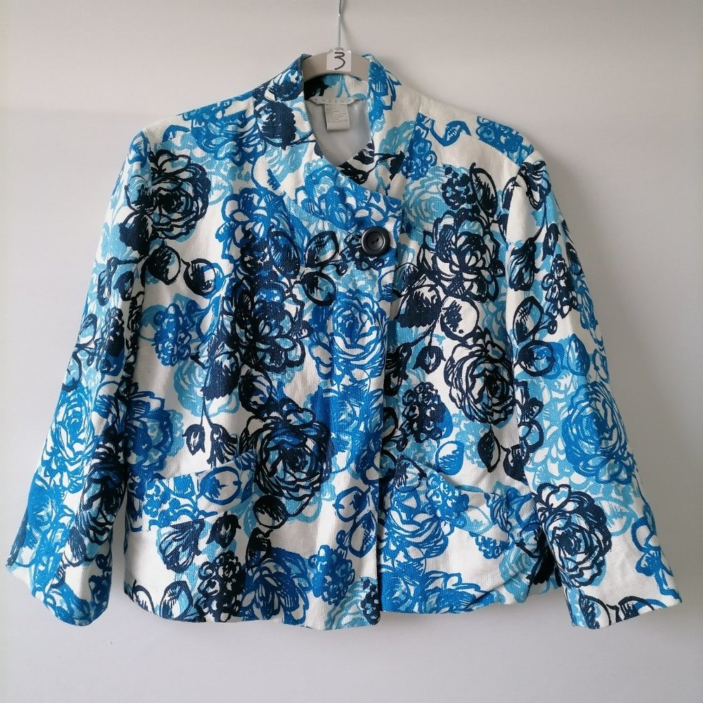 Tweeds Women's Blue & Black Floral Long Sleeve One Button Linen Jacket Size L